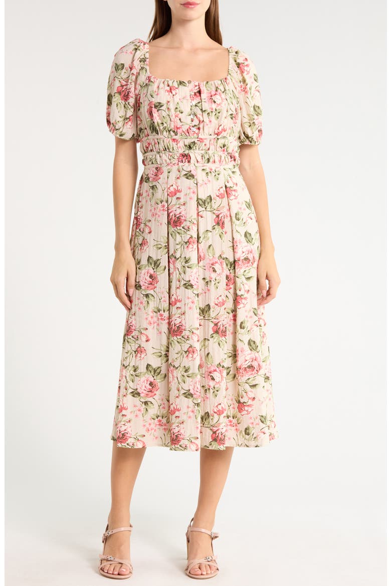Floral Short Sleeve Midi Dress, Main, color, TAUPE/ CORAL/ SAGE