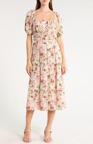 VIVID AURA Floral Short Sleeve Midi Dress