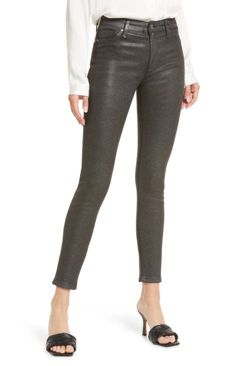 The Farrah High Rise Ankle Skinny Leather Panel Denim Pants