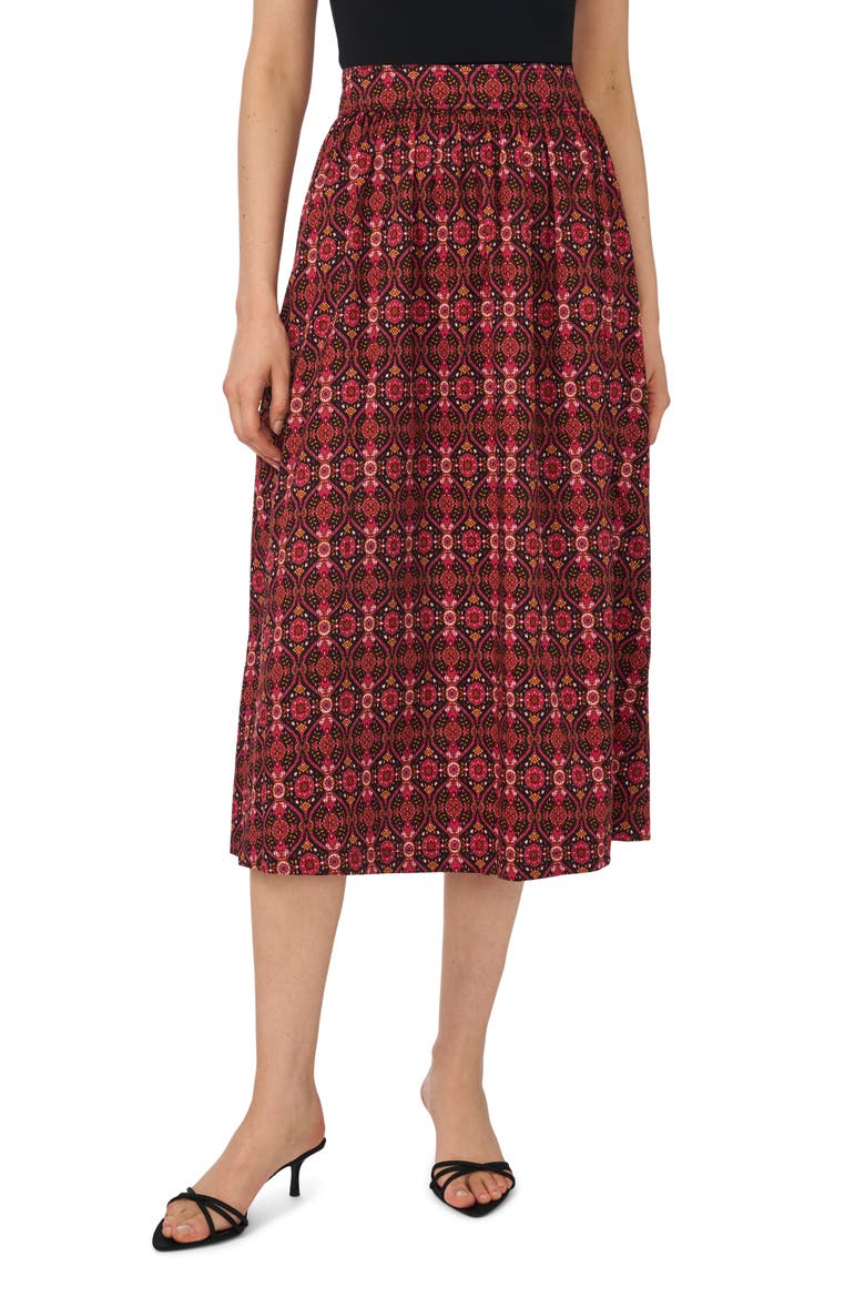 Print Stretch Cotton Midi Skirt, Main, color, RICH BLACK/ BURGUNDY