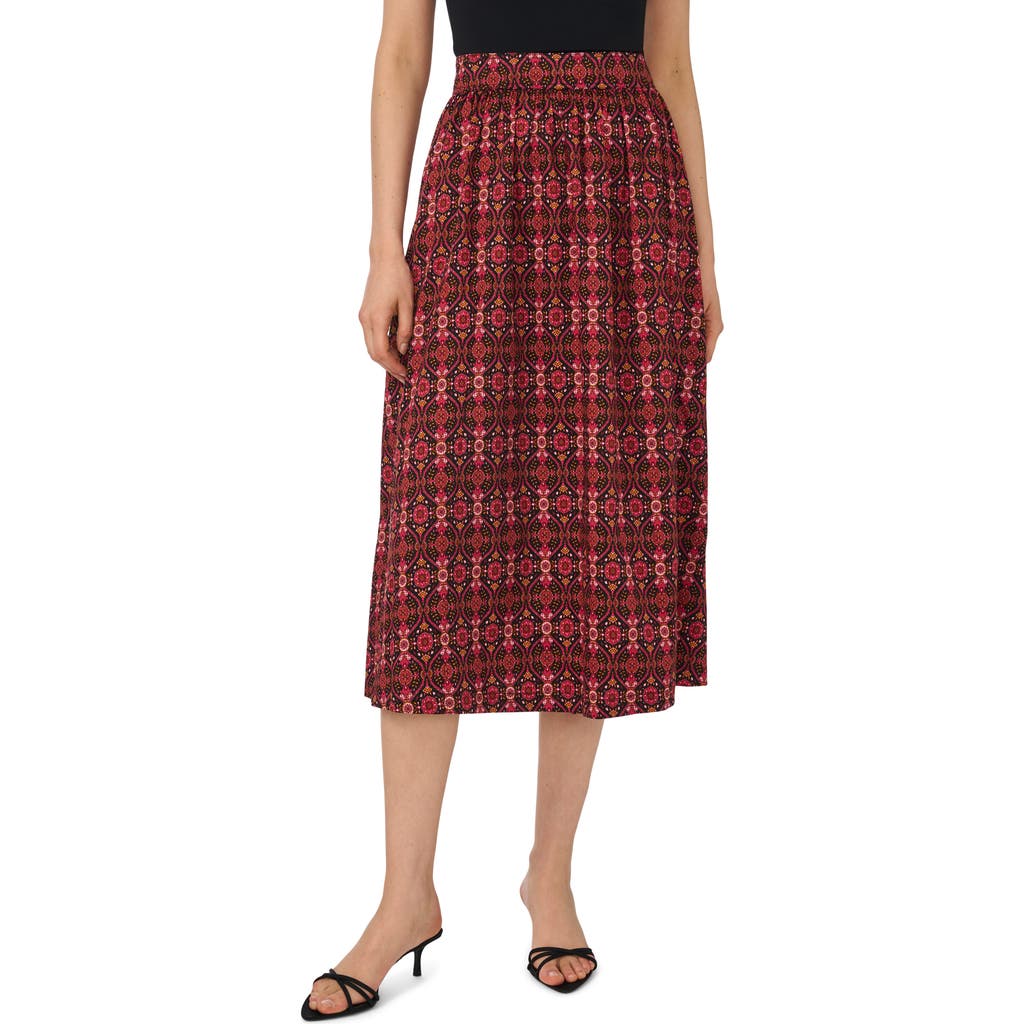 CeCe Print Stretch Cotton Midi Skirt in Rich Black/burgundy at Nordstrom, Size Xx-Large