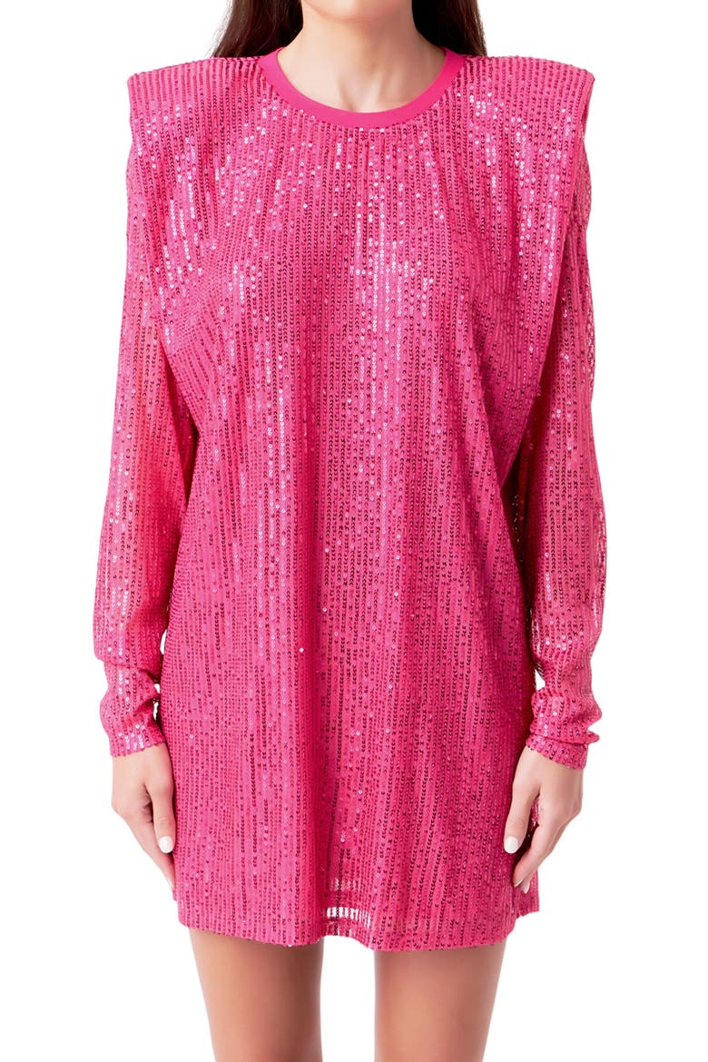 Sequin Long Sleeve Shift Minidress, Alternate, color, FUCHSIA
