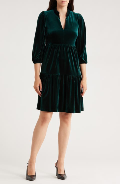 Puff Sleeve Tiered Velvet Dress