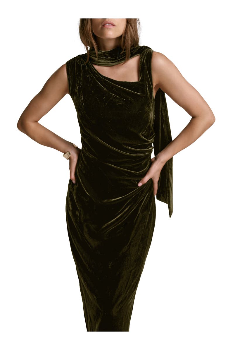 MINT VELVET Velvet Scarf Detail Midi Dress, Alternate, color, Khaki