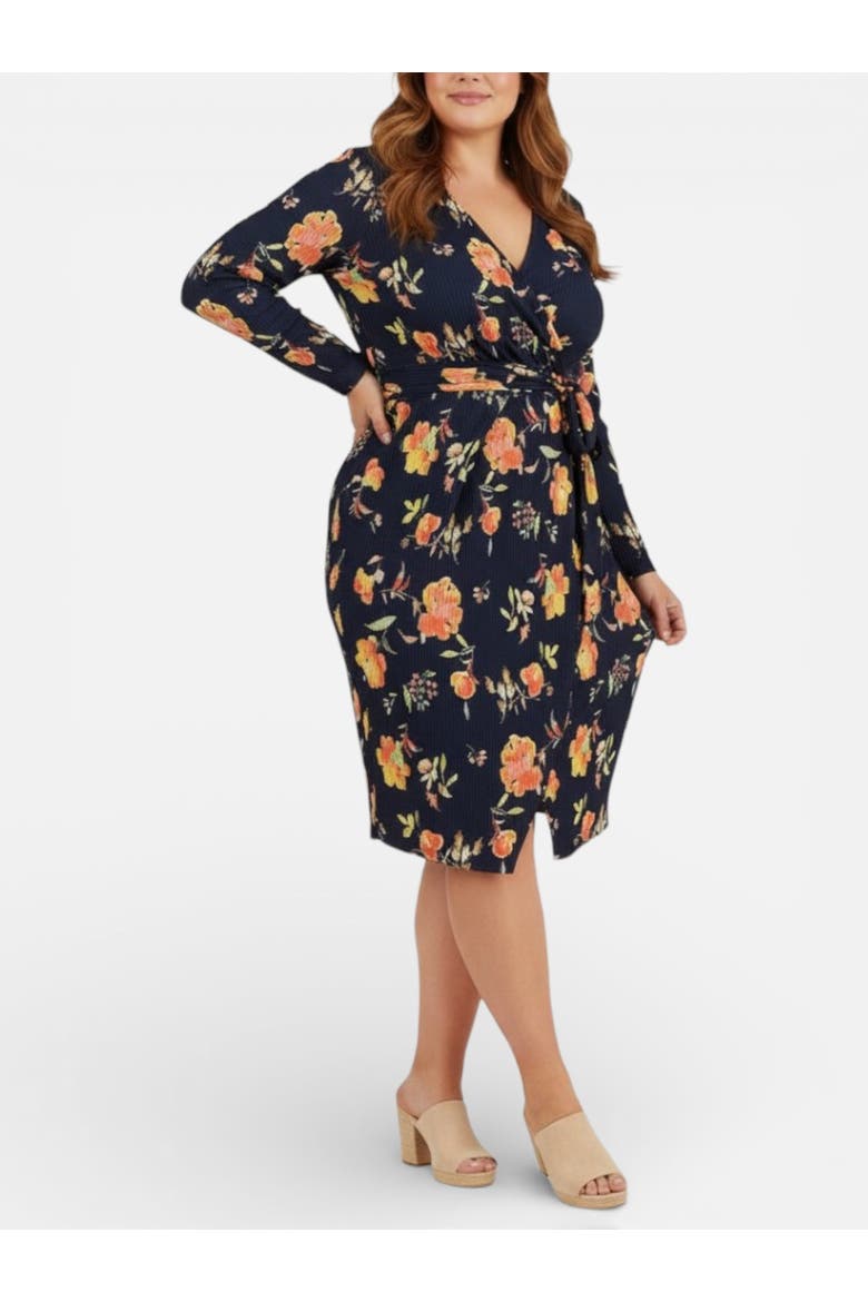 Printed Sylvia Wrap Midi Dress, Main, color, Navy Coral Bouquet