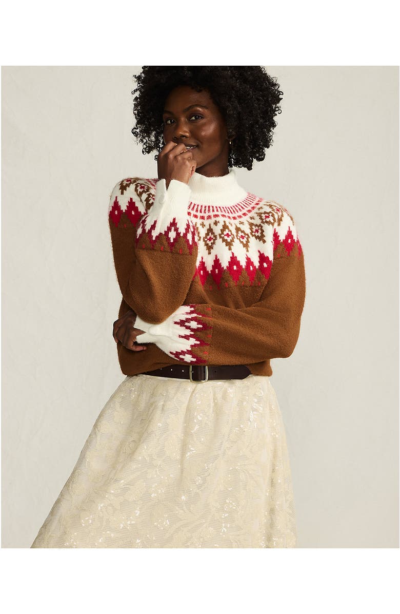 Lands' End Fuzzy Turtleneck Lantern Sleeve Jacquard Sweater, Alternate, color, Rich Ginger Brown Fairisle