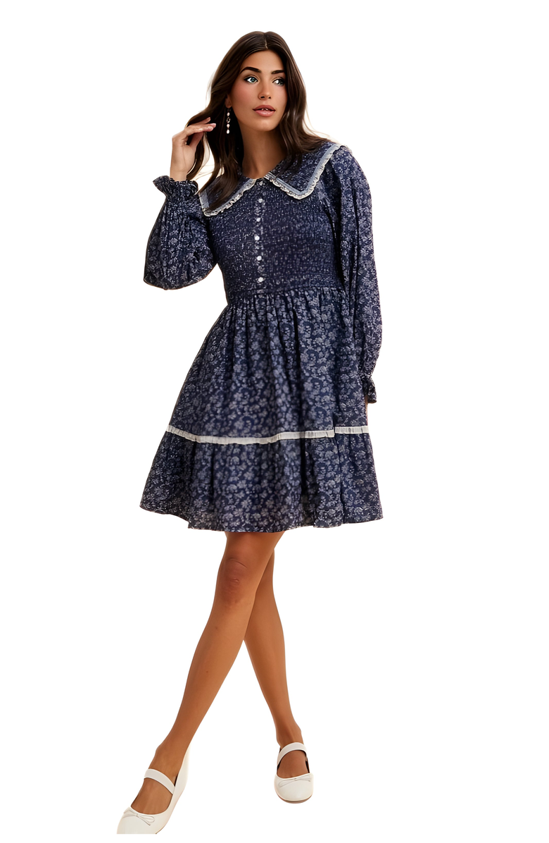 Knit and Lounge Floral Shirred Contrast Collar Mini Dress, Alternate, color, 