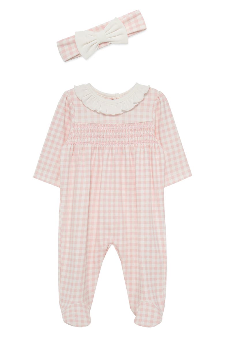 Check Smocked Bodice Cotton Footie & Headband Set (Nordstrom Exclusive), Main, color, PINK
