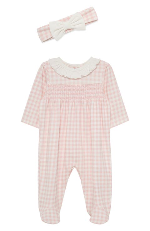 Check Smocked Bodice Cotton Footie & Headband Set (Nordstrom Exclusive)