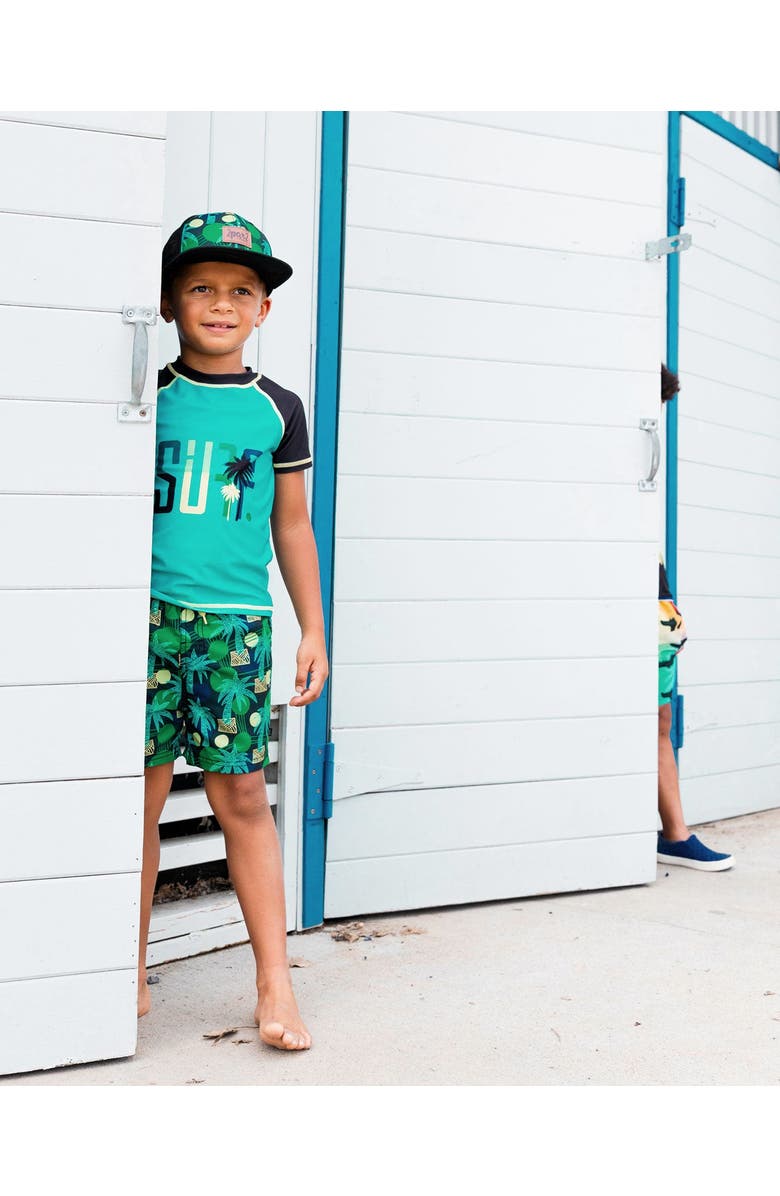 Deux par Deux Little Boy's Printed Swim Trunks Green Jungle On Black, Alternate, color, Green Jungle On Black