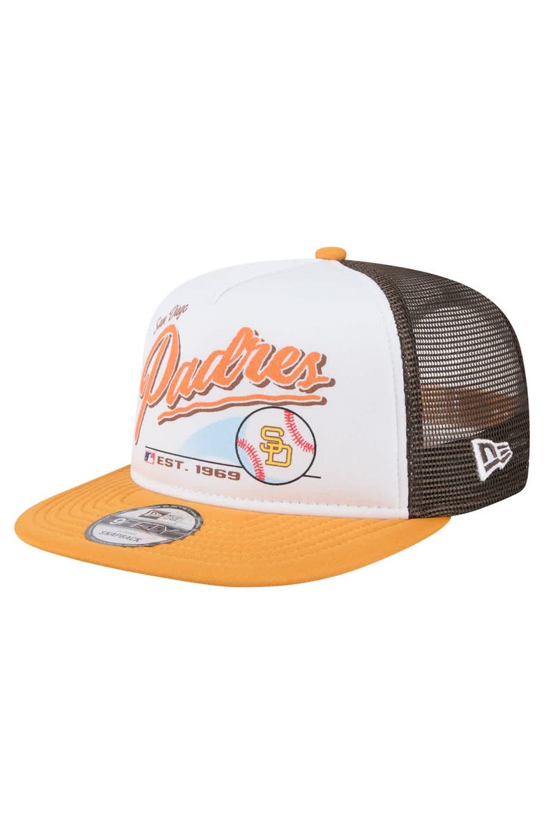 New Era Men's New Era White/Gold San Diego Padres Retro Script Trucker 9FIFTY Snapback Hat, Main, color, White