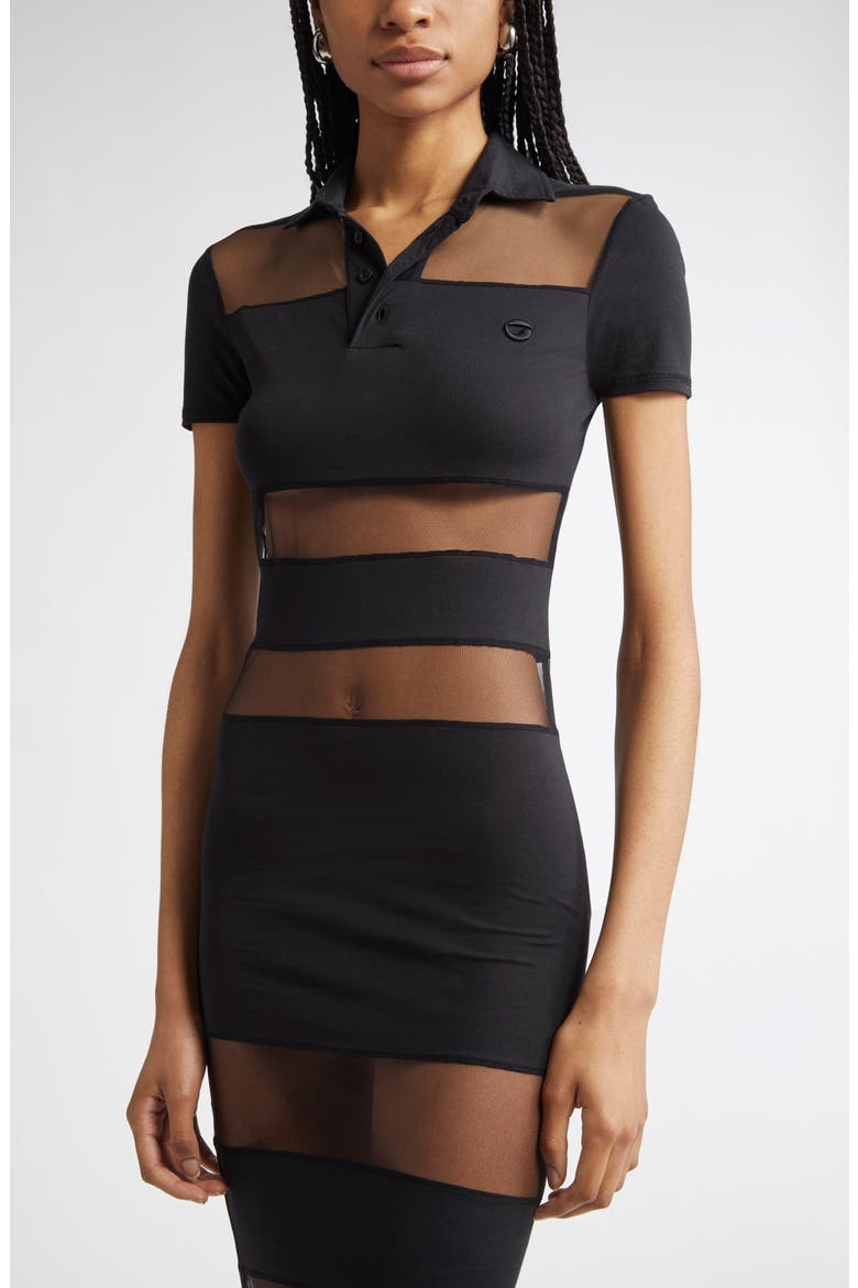 Stripe Sheer Polo Dress, Alternate, color, BLACK