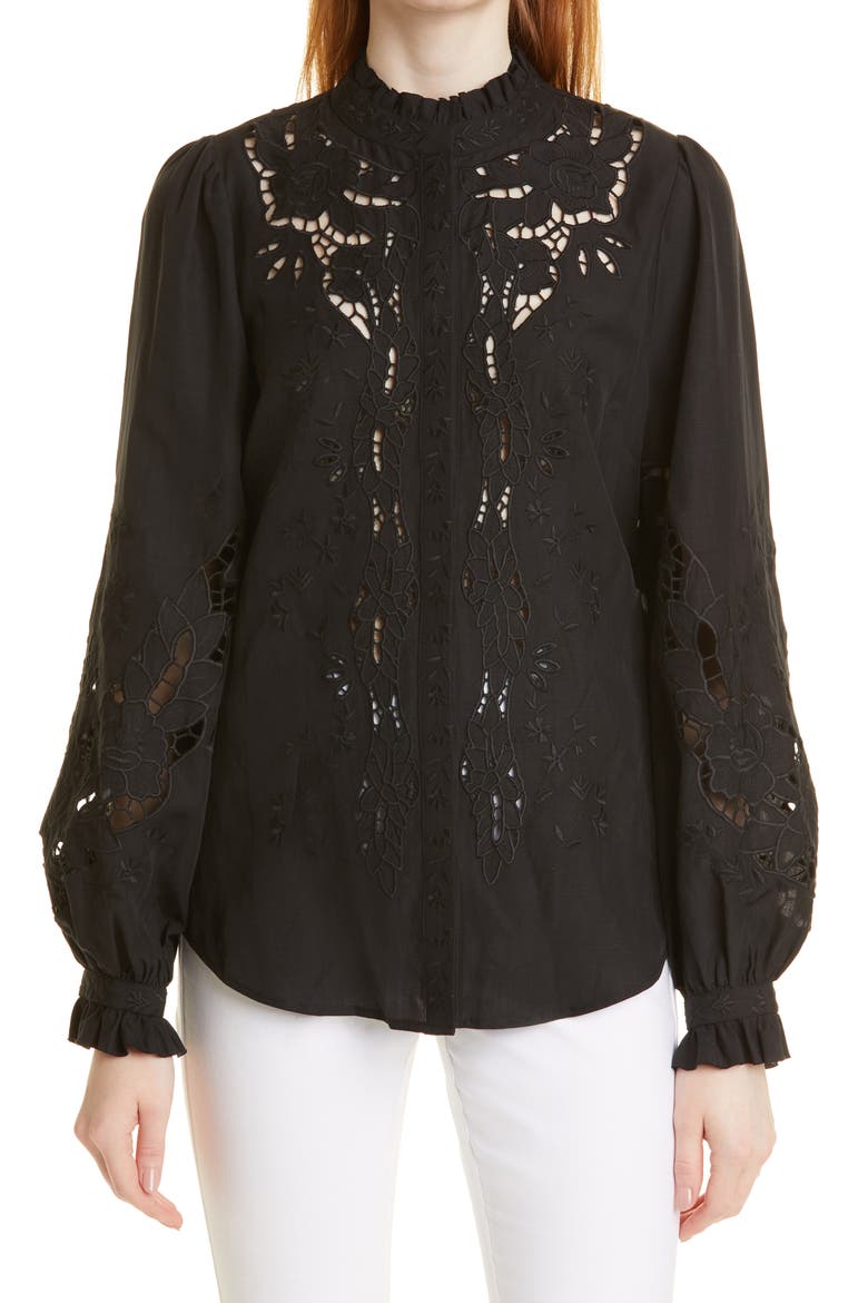 Yarden Embroidered Eyelet Blouse, Main, color, BLACK