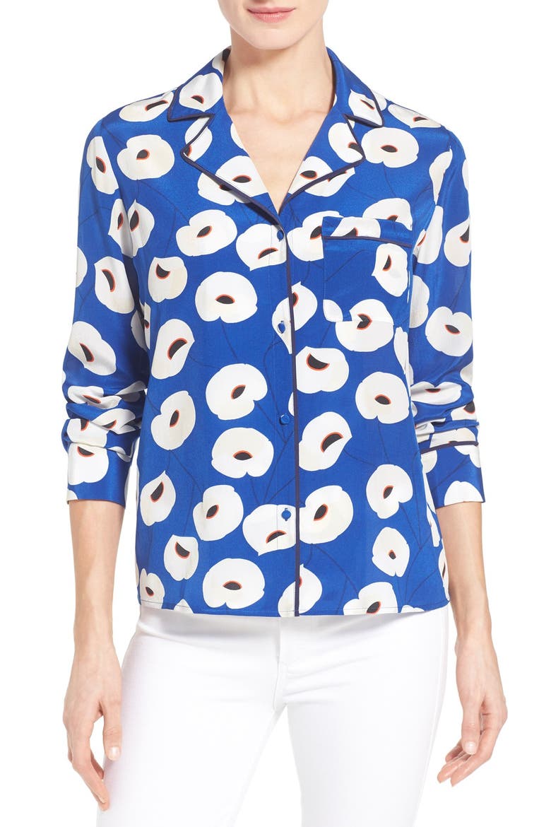 Olivia Palermo + Chelsea28 Silk Shirt, Main, color, BLUE MAZARINE POPPY