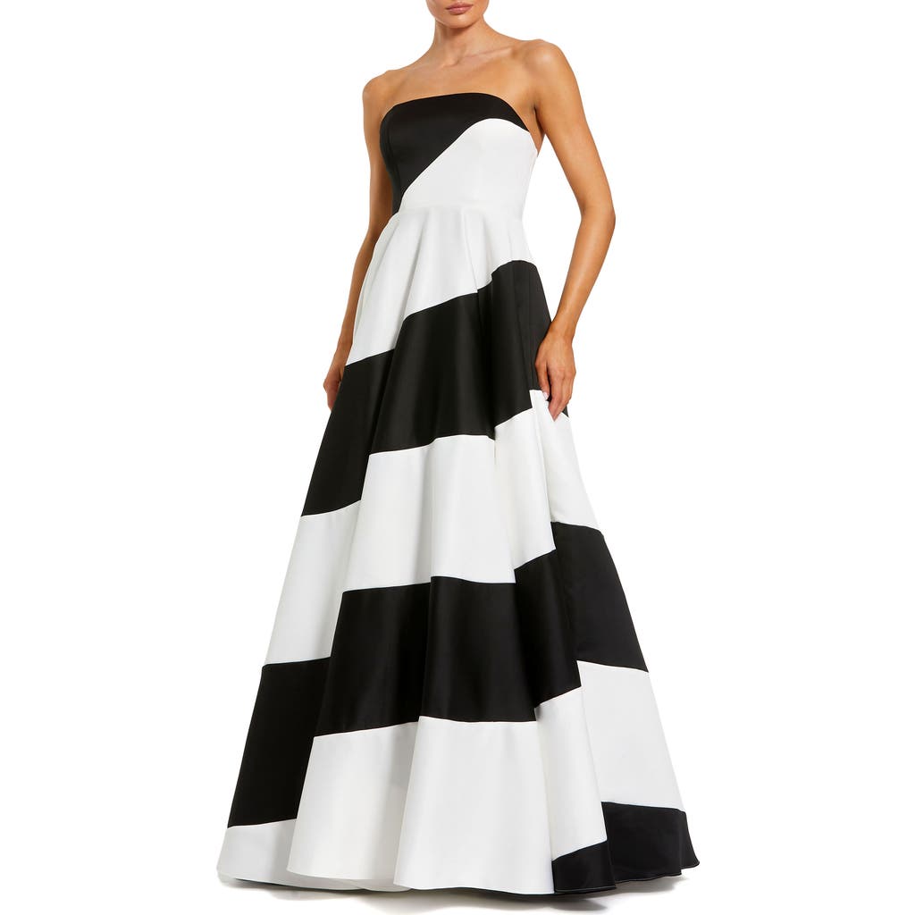 Mac Duggal Black And White Striped Satin Strapless Ballgown In Multi