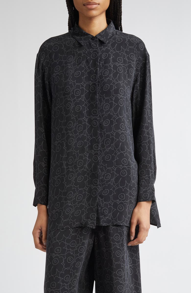 Marimekko Runsas Piirto Unikko Cupro Button-Up Shirt, Main, color, Black, Dark Grey