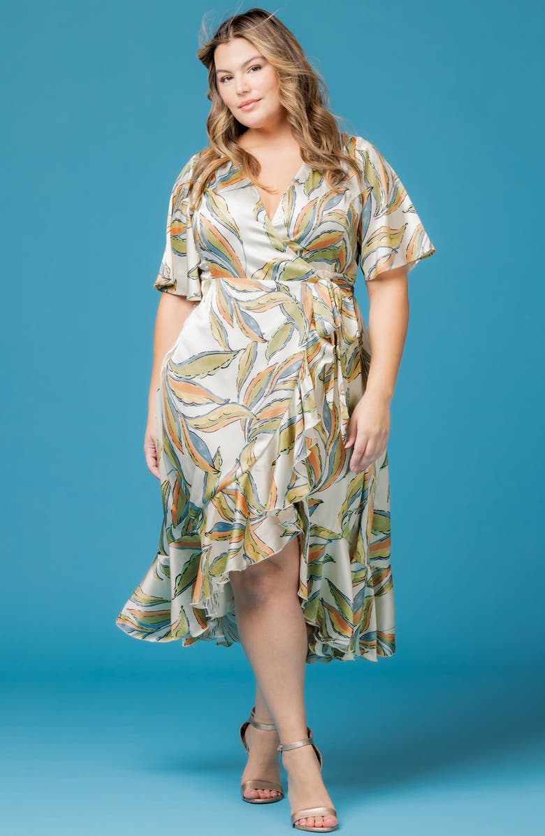 Kiyonna Chloe Midi Wrap Dress, Alternate, color, Artful Leaves