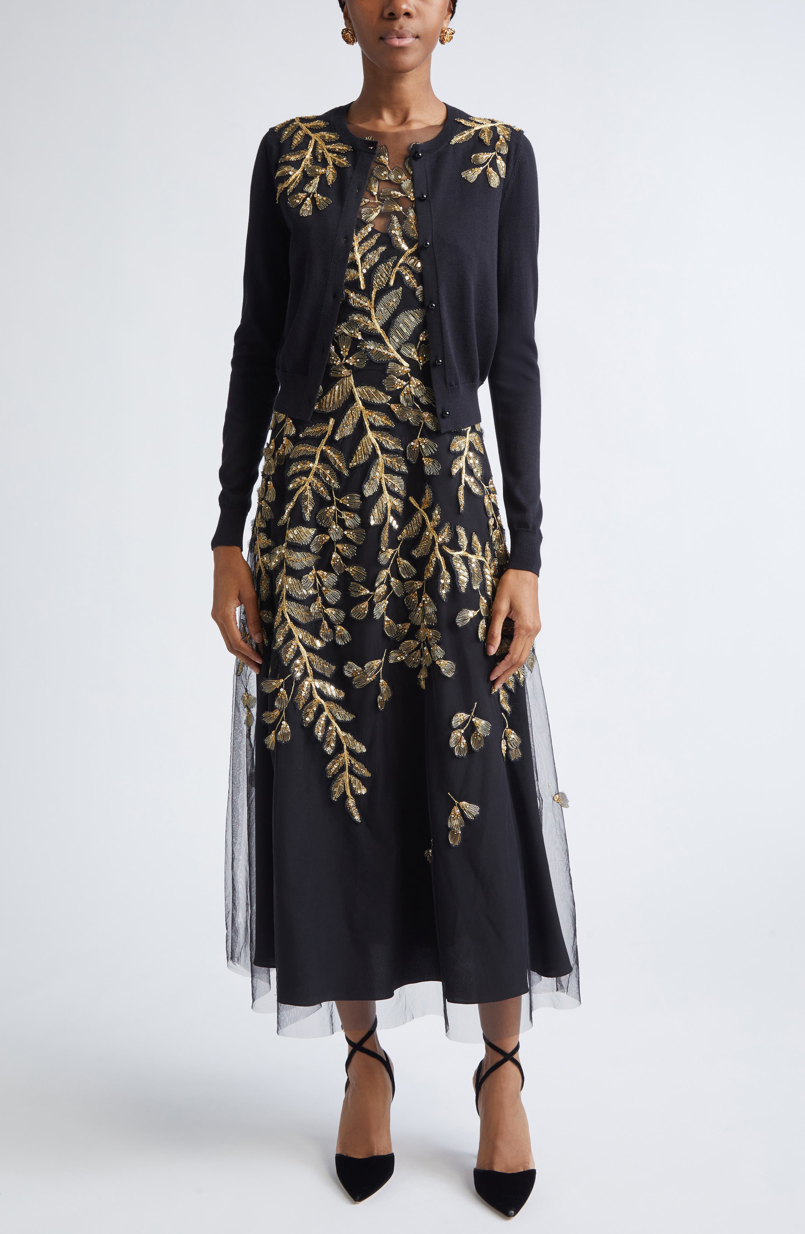 Metallic Leaf Embroidered Tulle Gown - image 2