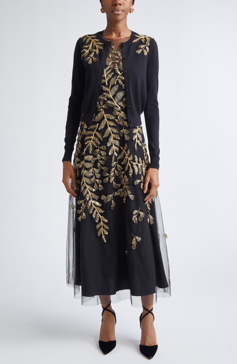Carolina Herrera Metallic Leaf Embroidered Tulle Gown, Alternate, color, Black/ Gold