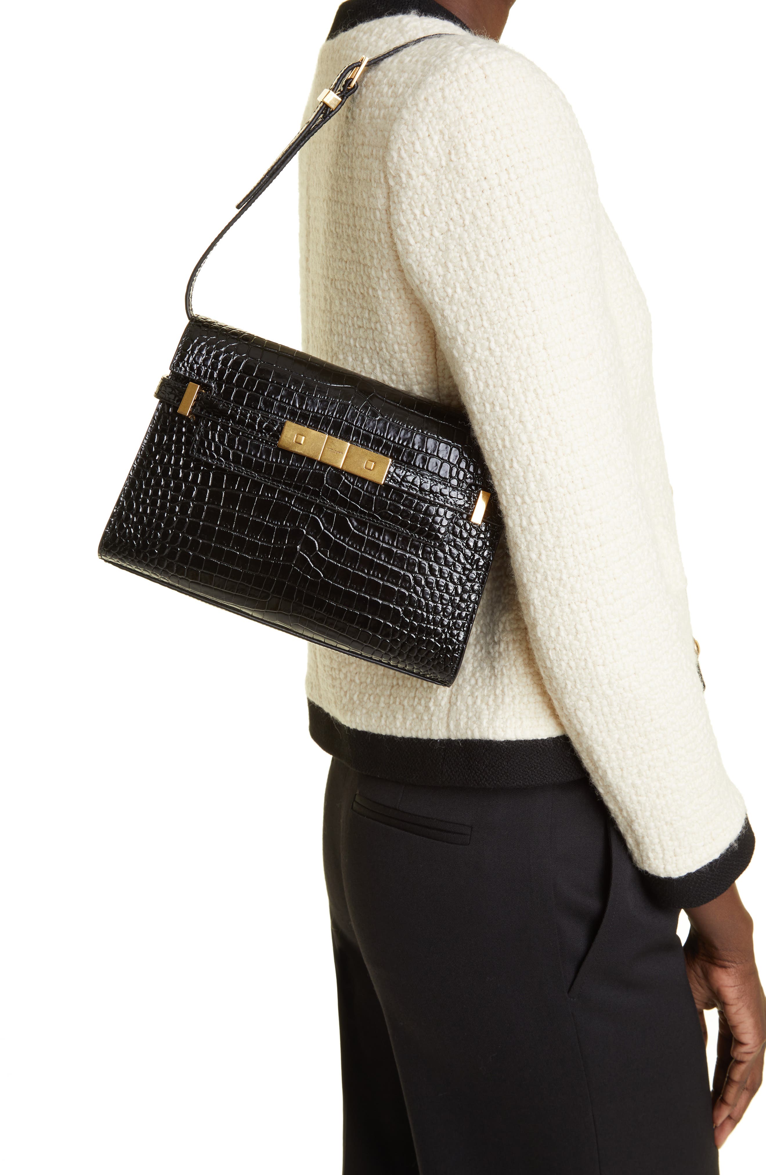 Small Manhattan Croc Embossed Shoulder Bag, Alternate, color, NOIR