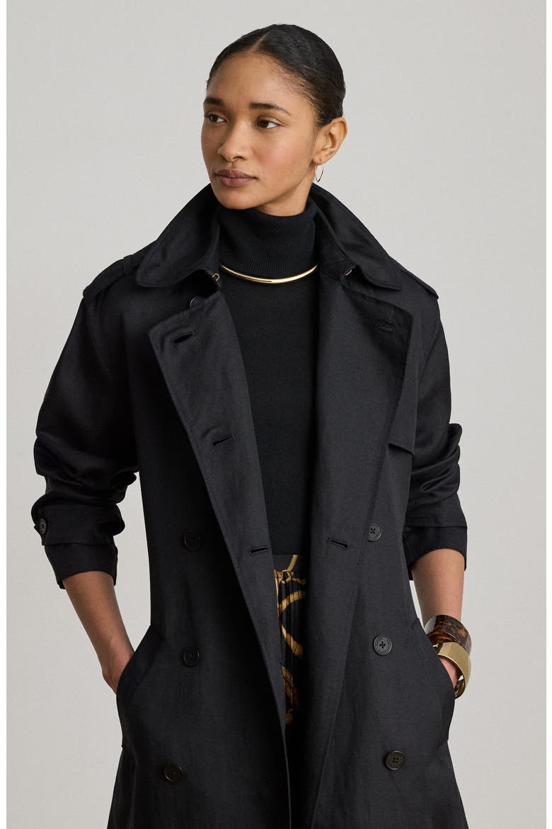 Drapey Linen Blend Trench Coat, Alternate, color, BLACK