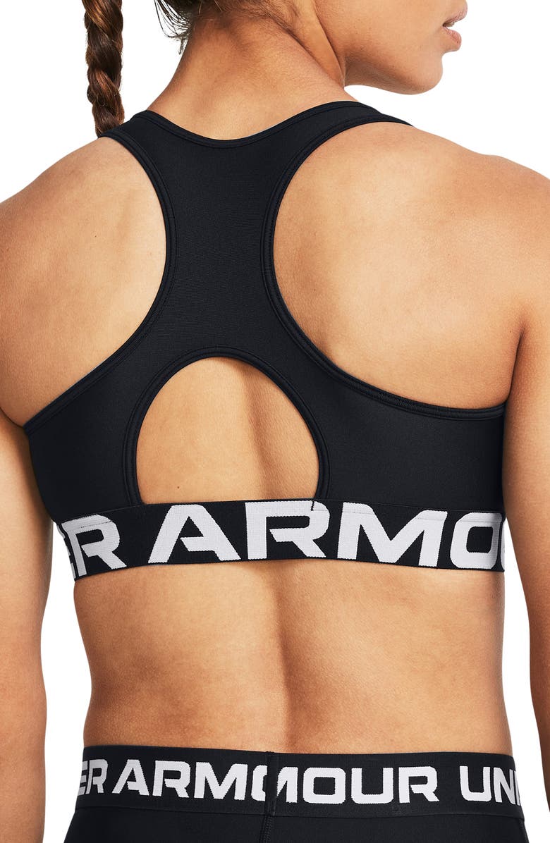 Under Armour HeatGear<sup>®</sup> Mid Racerback Logo Jacquard Sports Bra, Alternate, color, Black / / White