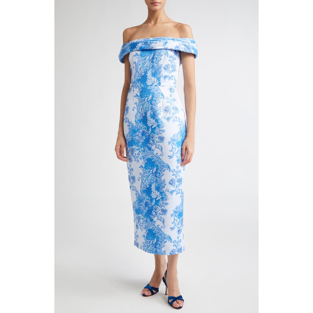 Emilia Wickstead Rochelle Floral Damask Off The Shoulder Dress In Blue