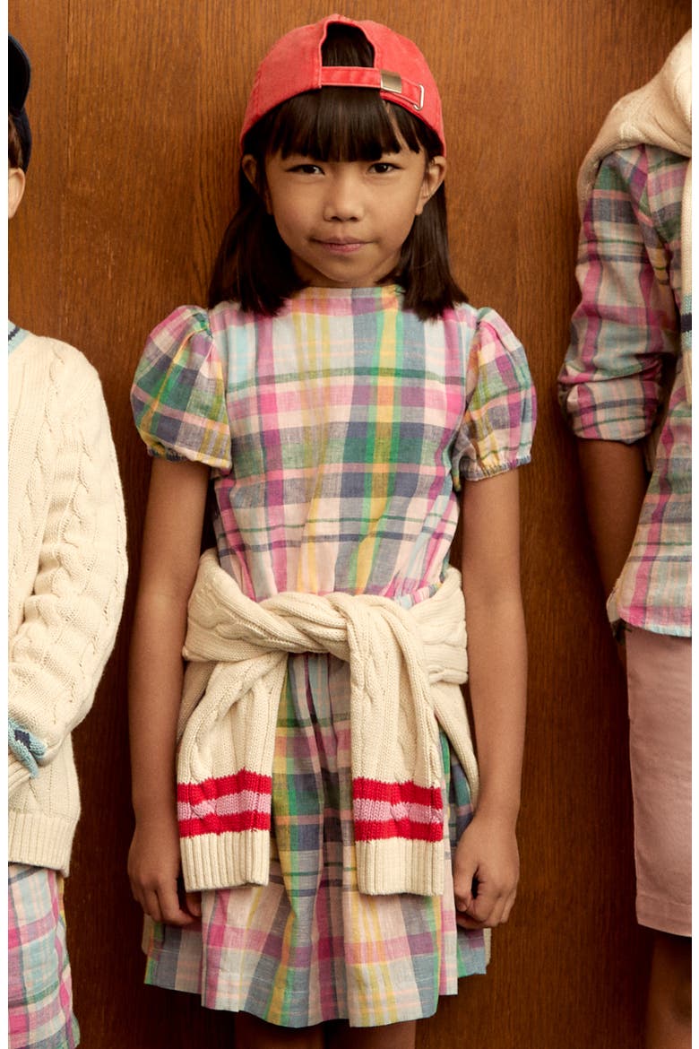 Kids' Tie Front Linen & Cotton Dress, Alternate, color, PINK BLUE/ GREEN CHECK