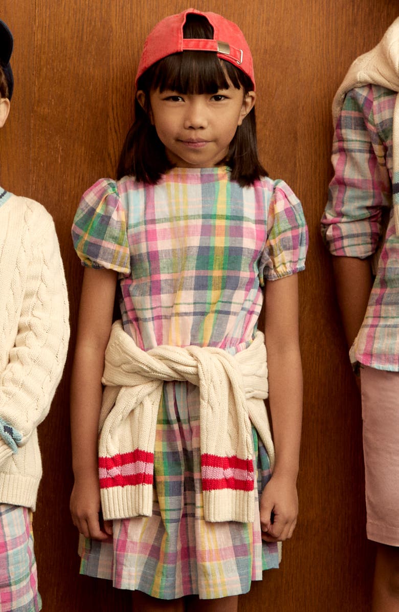 Mini Boden Kids' Tie Front Linen & Cotton Dress, Alternate, color, Pink Blue/ Green Check