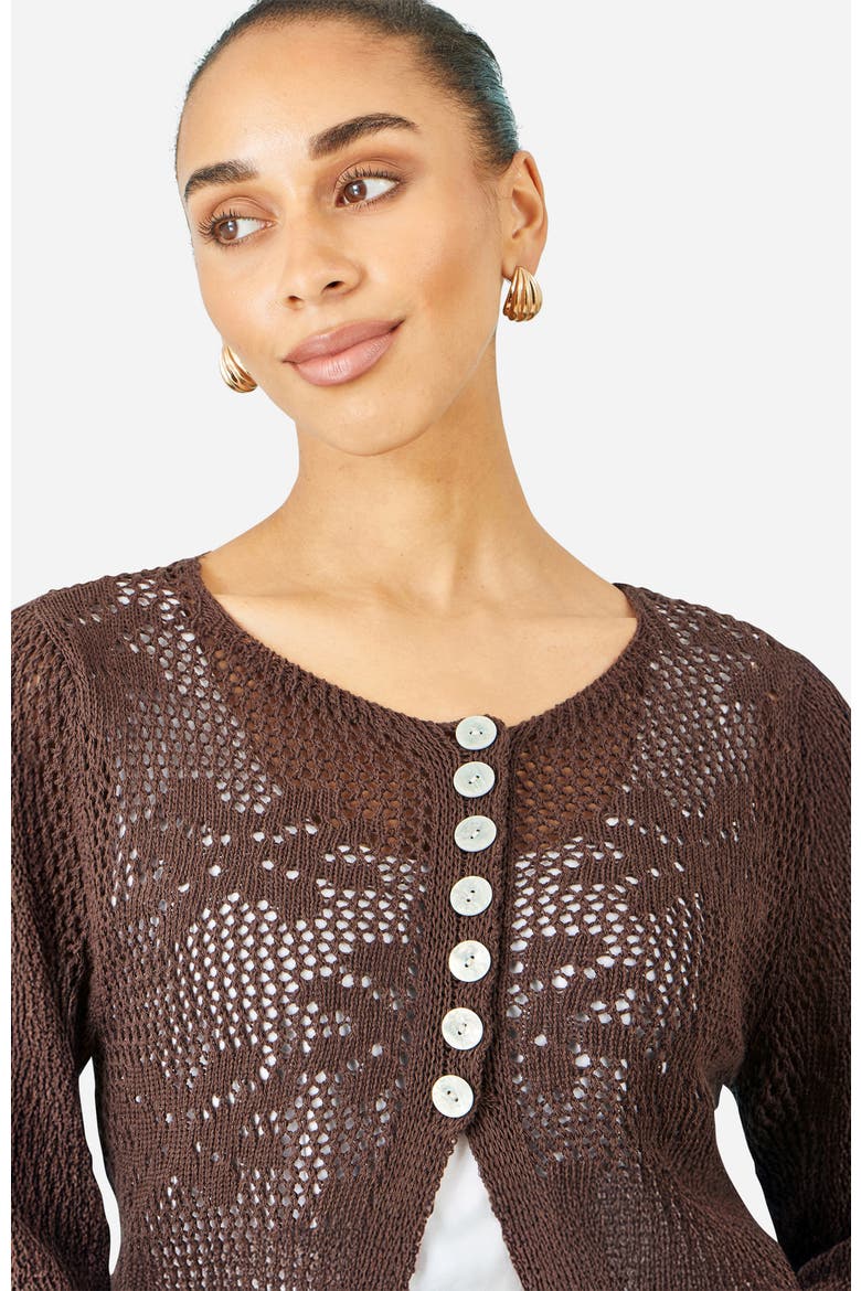 Flower Crochet Button Up Cardigan, Alternate, color, Brown