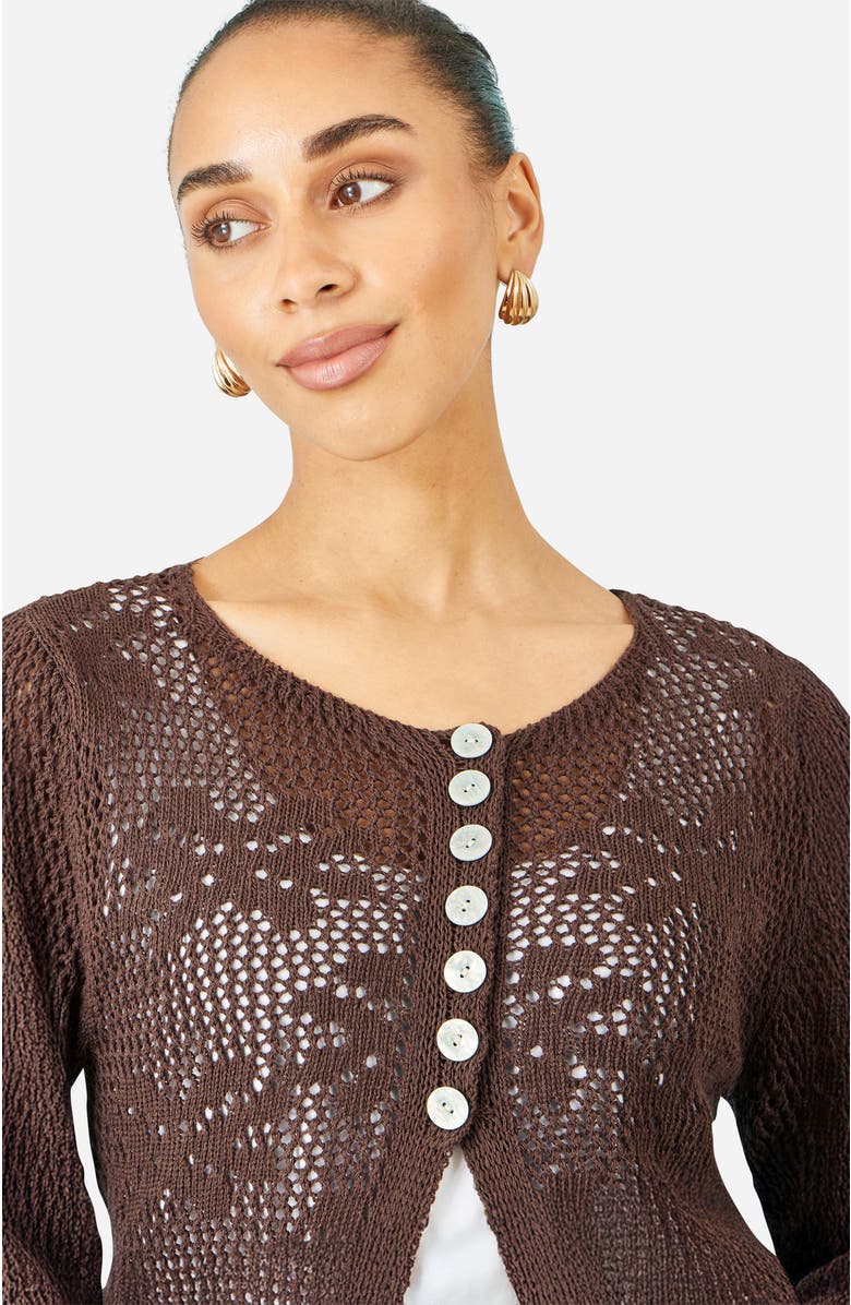 Yumi Flower Crochet Button Up Cardigan, Alternate, color, Brown