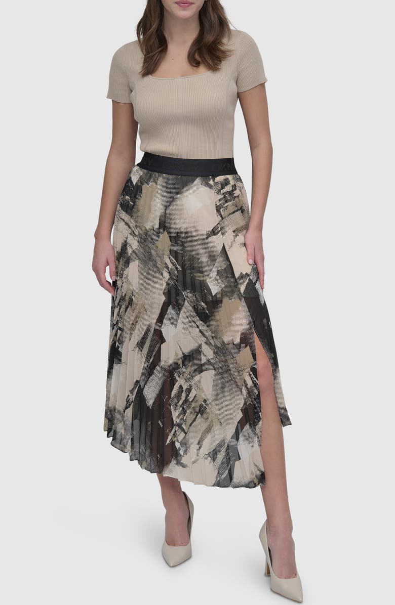 DKNY Print Pleated Asymmetric Midi Skirt, Alternate, color, Grey