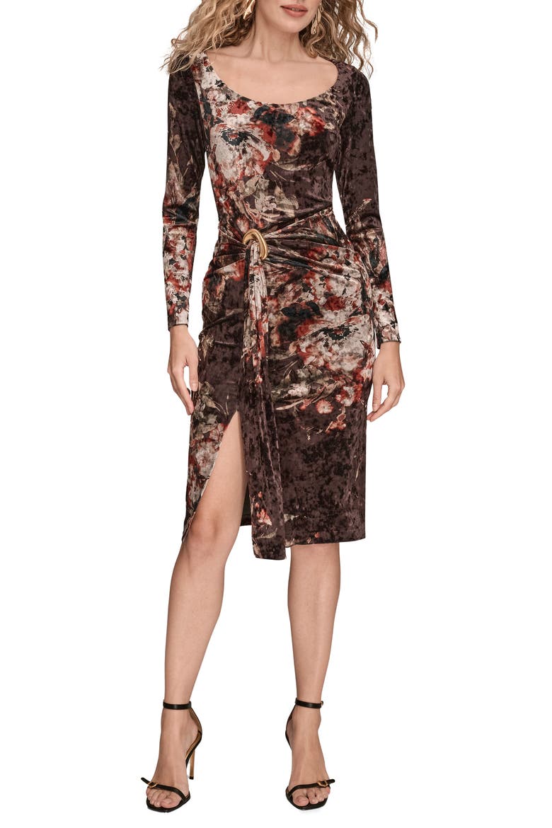 Ruched Velvet Cocktail Dress, Main, color, OXBLOOD MULTI