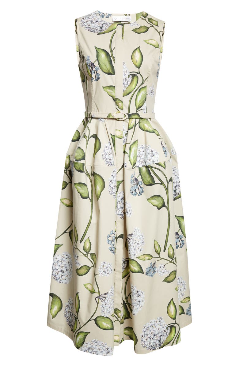 Oscar de la Renta Porcelain Flowers Belted Stretch Cotton Poplin Shirtdress, Main, color, Denim/ Oatmeal