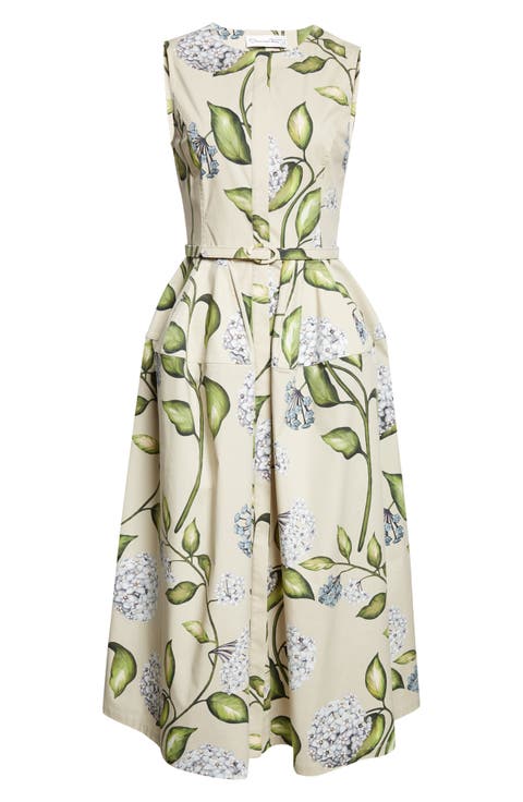 Porcelain Flowers Belted Stretch Cotton Poplin Shirtdress