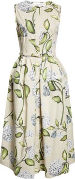Oscar de la Renta Porcelain Flowers Belted Stretch Cotton Poplin Shirtdress