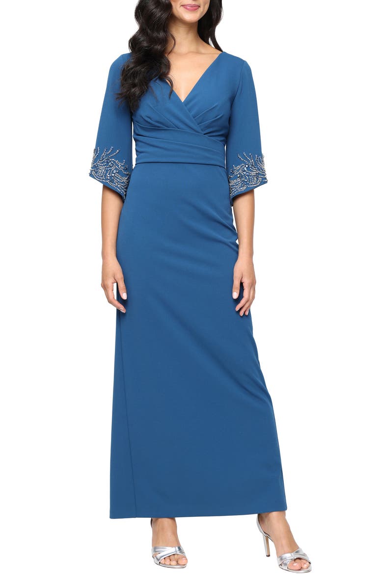 Alex Evenings Embellished Stretch Crepe Column Gown, Main, color, Teal Blue