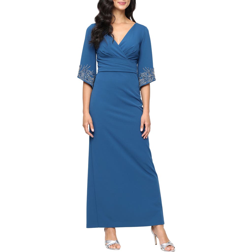 Alex Evenings Embellished Stretch Crepe Column Gown In Blue