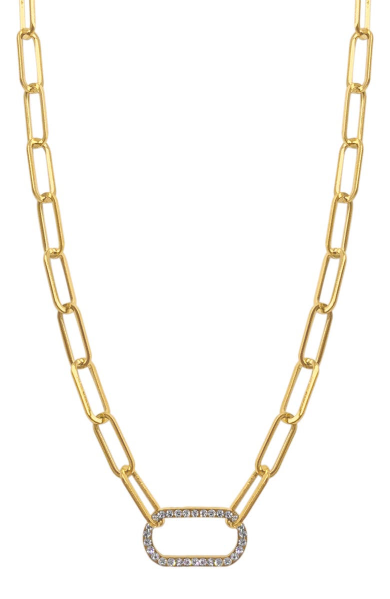 Adornia Water Resistant 14K Yellow Gold Plated Pavé Crystal Link Paperclip Chain Necklace, Main, color, 