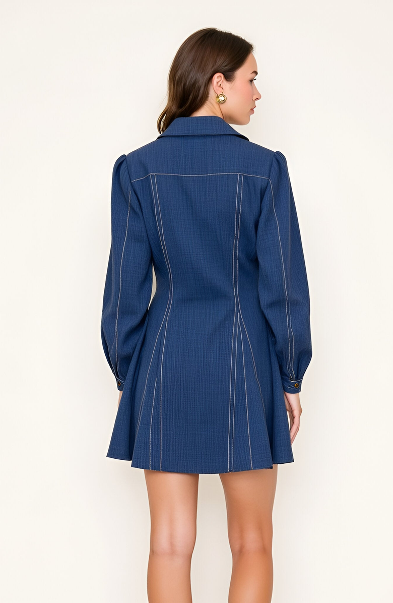 Modenaire Long-Sleeve Denim Contrast-Stitching Flared-Hem Shirt Dress, Alternate, color, Blue