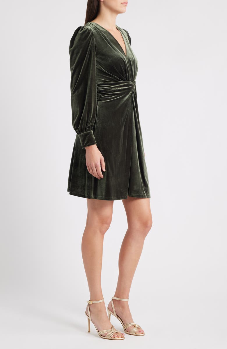 Vince Camuto Twist Front Long Sleeve Velvet Fit & Flare Dress, Alternate, color, Olive