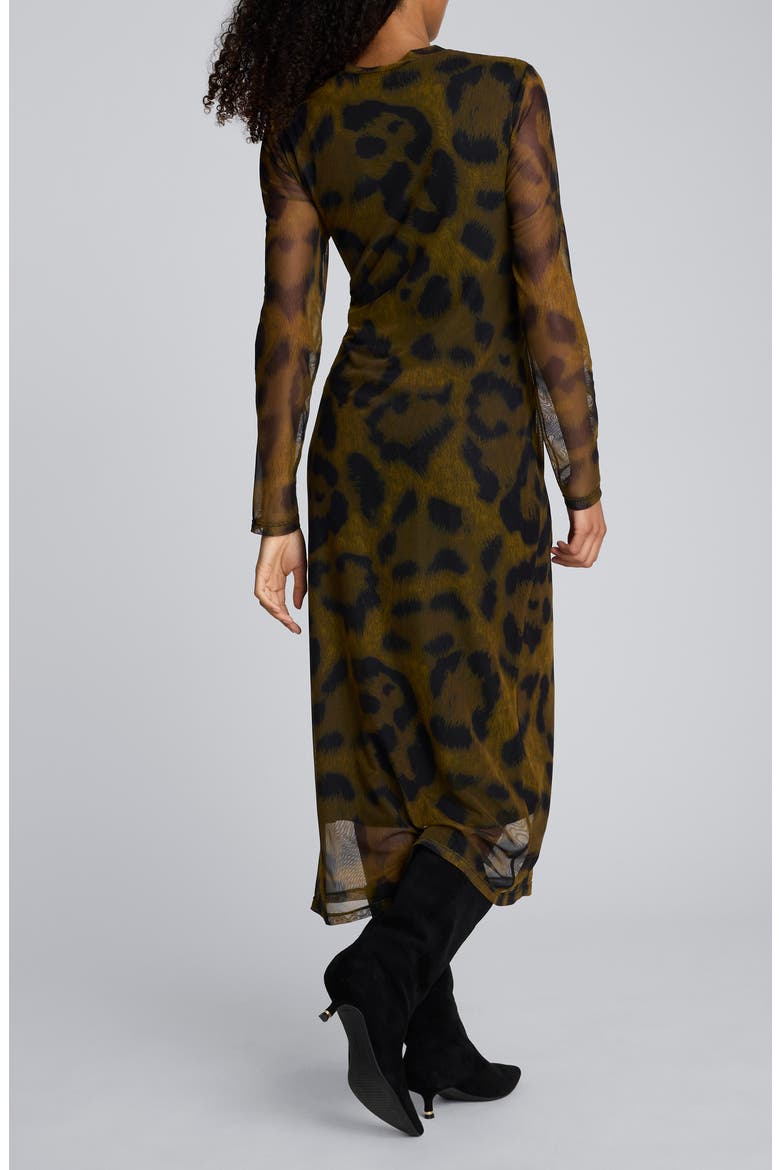 Print Knot Long Sleeve Mesh Midi Dress, Alternate, color, OLIVE GREEN MULTI