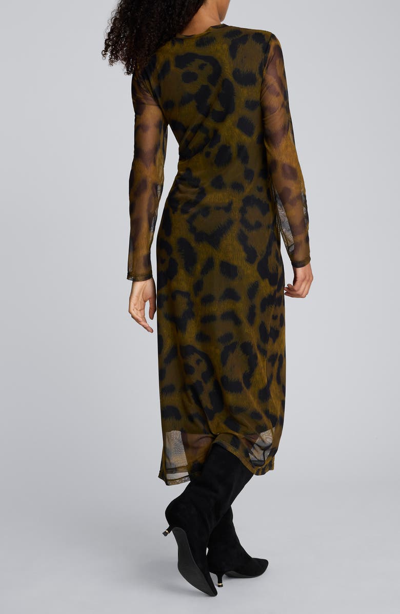 Kenneth Cole Print Knot Long Sleeve Mesh Midi Dress, Alternate, color, Olive Green Multi