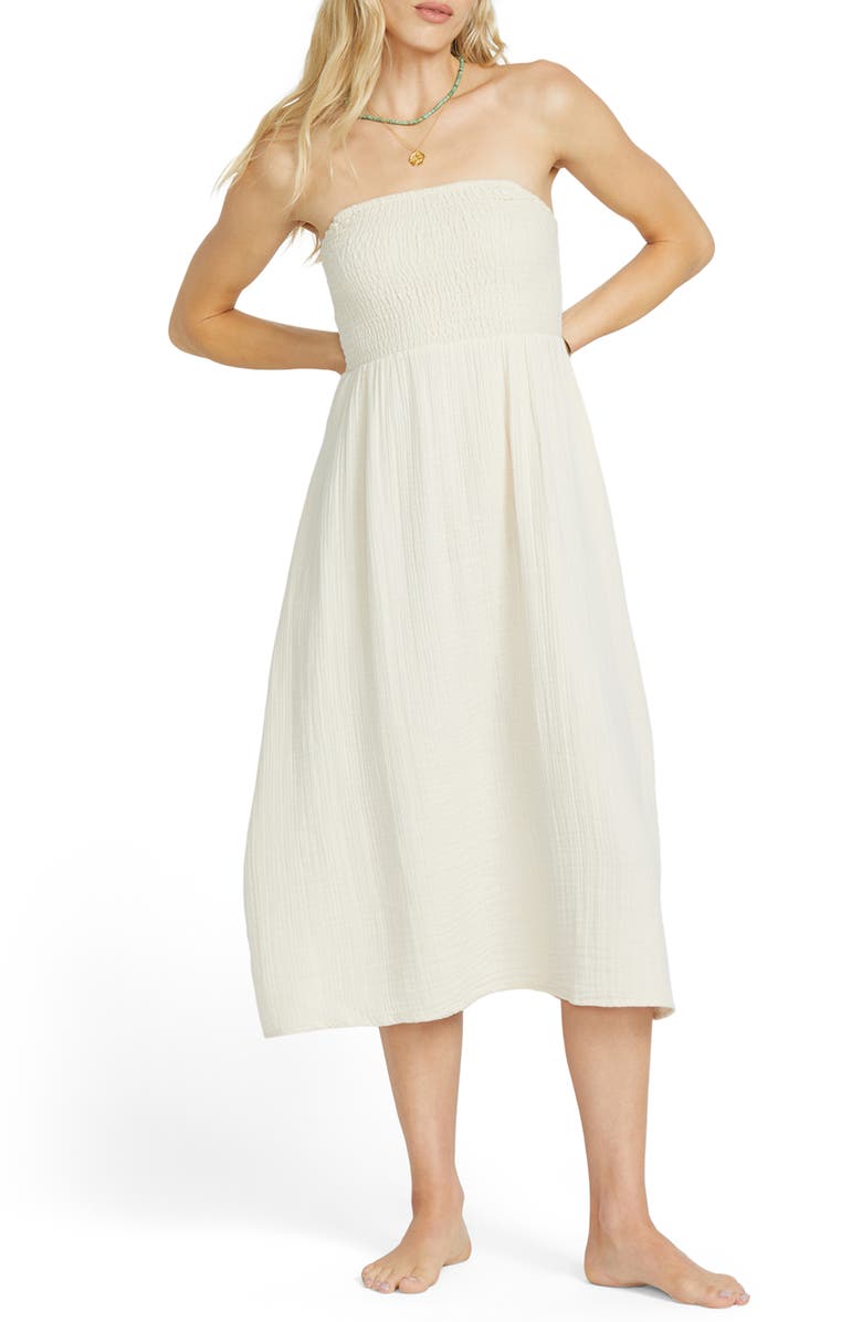 Billabong Off the Coast Smocked Bodice Cotton Midi Dress, Main, color,