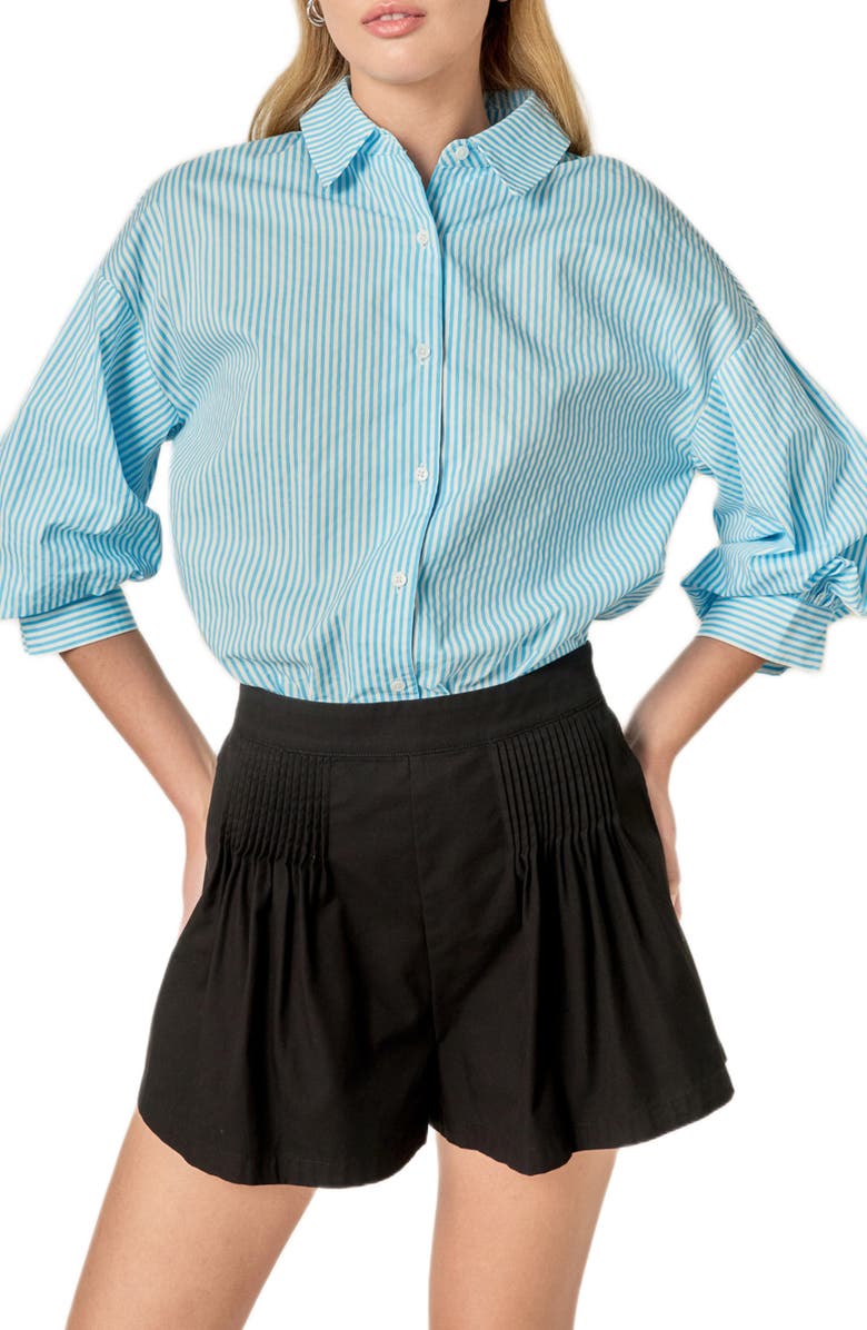 English Factory Stripe Puff Sleeve Button-Up Shirt, Alternate, color, Powder Blue