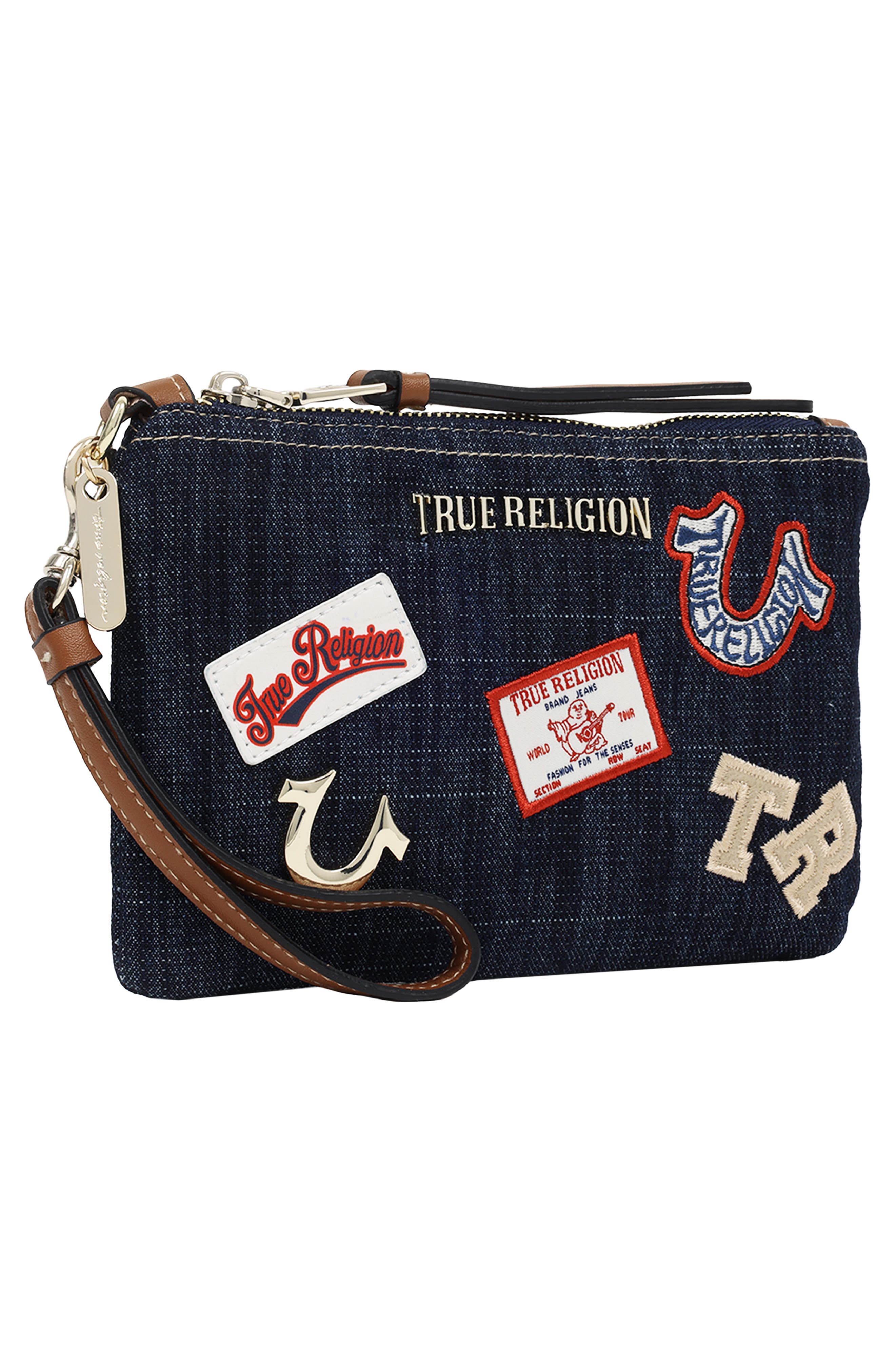 Patchwork Denim Wristlet Pouch, Alternate, color, DARK DENIM