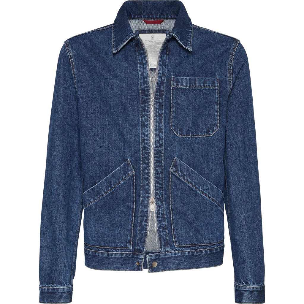 Brunello Cucinelli Zip-fastening Patch-pocket Denim Jacket In Brown