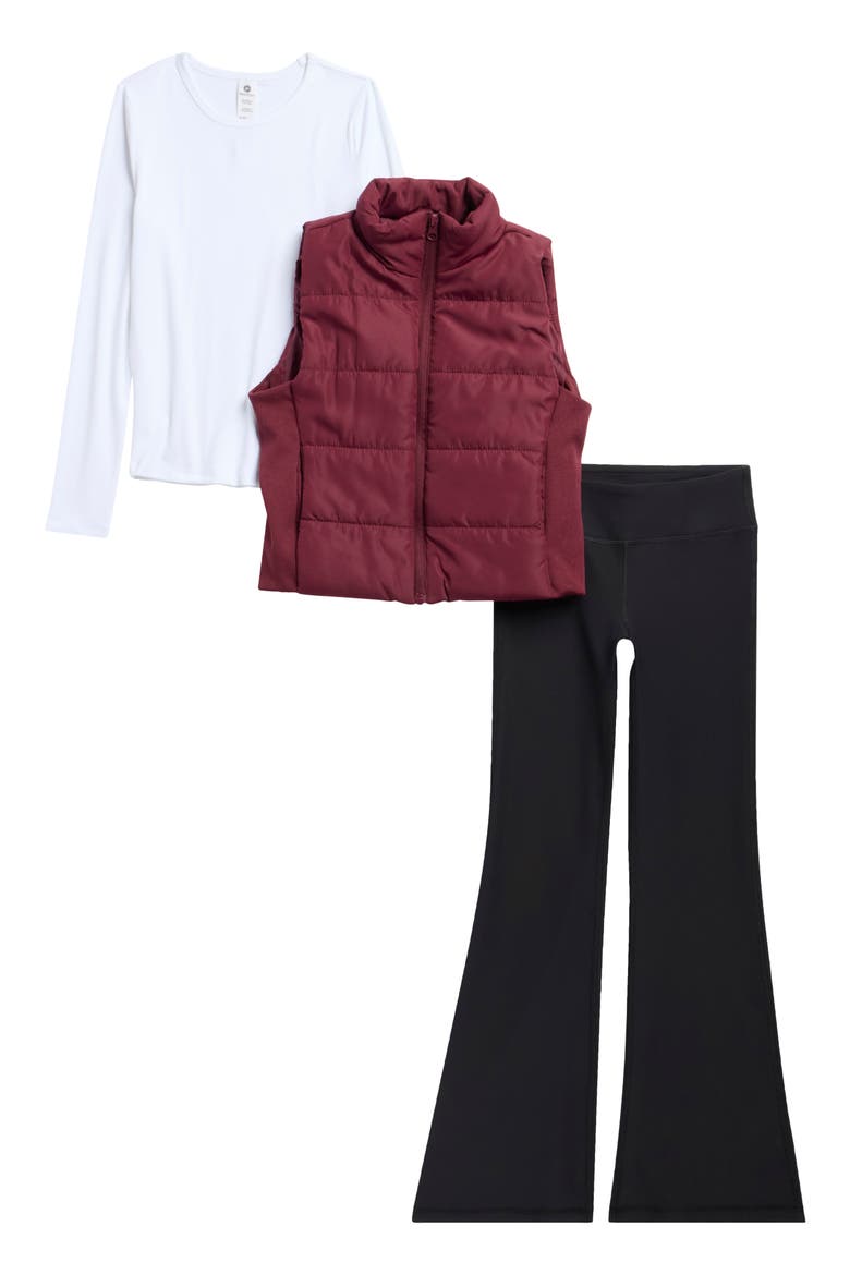 Kids' 3-Piece Puffer Vest, T-Shirt & Leggings Set, Main, color, WINDSOR WINE/ WHITE/ BLACK