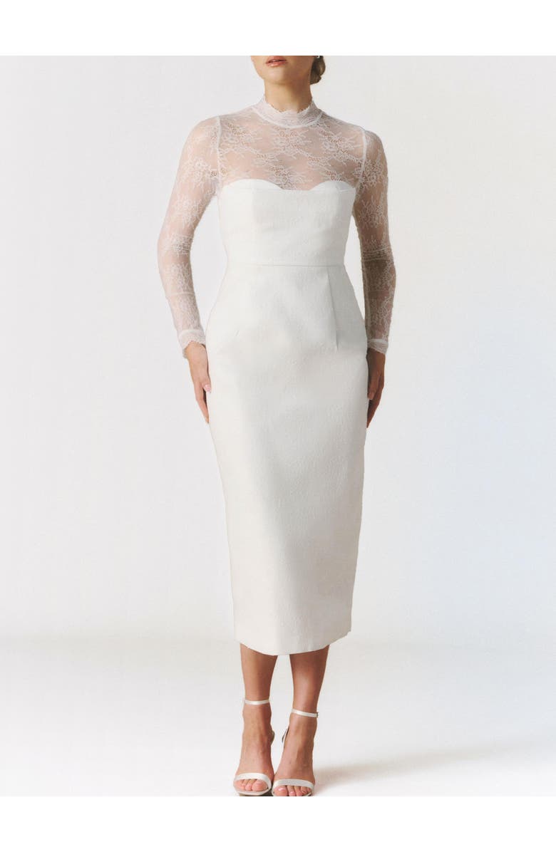 Six Stories Lace Sleeve Cup Detail Midi Dress, Alternate, color, White