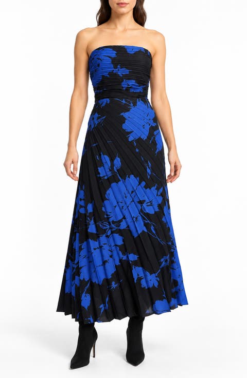 Strapless Pleated Satin Midi Dress